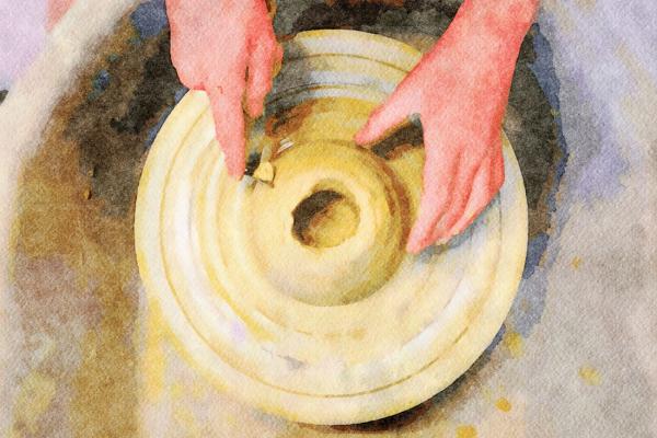 A painting of a white person's hands carefully molding cyclical contours into tan-colored clay.