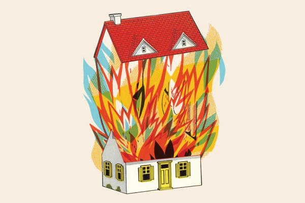 An illustration of a white house against a crème-colored backdrop. The house's red roof is being blown off and upward by an explosion of fire from within.