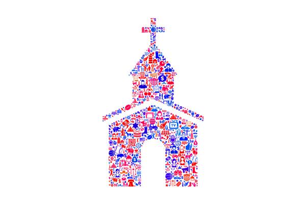 A front-view illustration of a church with an open door and steeple with a cross on top. The church is made out of a collage of red and blue American symbols like dollar bills, a cowboy's hat and boots, sports balls, the American flag, stars, etc.