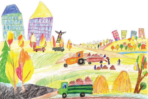 A children's crayon drawing showing a truck and tractor parked on hills as people load up carts of apples. On the horizon, there are autumn trees and hay bales amid multi-colored towers and a transmission tower.