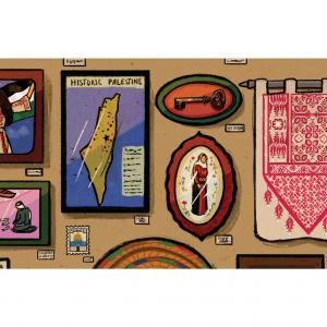 An illustration of a tan wall decorated with pieces of Palestinian art. From left to right, there's a painting of a woman holding up the Palestine flag behind her, a map of historic Palestine, a framed key, a white tapestry with complex red patterns, etc.