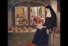 A painting called "Mother Julian": Julian of Norwich, pictured in nun's clothing, sitting inside a small room reading a book. There's a view of two windows behind her that show villagers milling about in a medieval town.