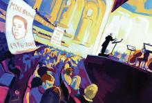  An illustration of a protest for Michael Brown at a concert hall. Banners hang from the balcony on the left side over the audience as a conductor leads the St. Louis Symphony Orchestra on stage on the right side.