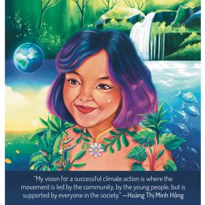 An illustration of Vietnamese climate activist Hoang Thi Minh Hong. She has blue and purple-dyed hair. In the background, a small earth and grassy field at sunrise is to the left, a forest river and waterfall above her, and fish in the sea to the right.