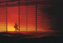 The illustration shows a man holding a suitcase and wearing a backpack standing in the frame of an open prison fence gate, looking out. There is a dark sunset behind him. 