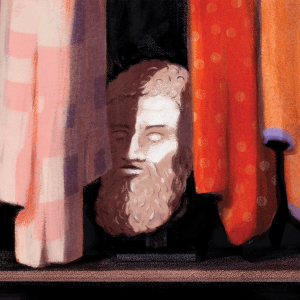 The illustration shows a marble bust of Plato in the back of a closet with clothes hanging in front of it 