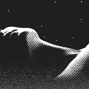 The illustration shows a sleeping person, under the stars. It is in black and white. 