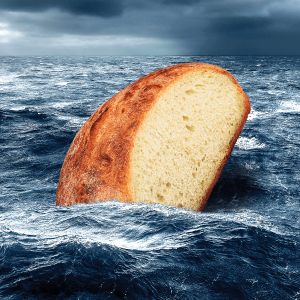 Illustration of a loaf of bread floating sideways in a tempestuous sea