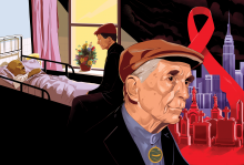 Illustration of peace activism Dan Berrigan's face. He is wearing a golf cap and behind him is the New York City skyline with a red ribbon for AIDS awareness.