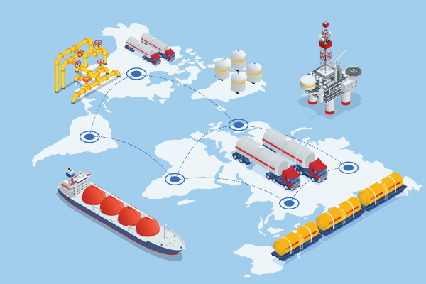 The illustration shows s transportation vessels on a map of the world. 