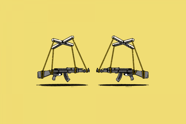 Illustration of two semi-automatic rifles being held by puppet strings, pointing at each other.