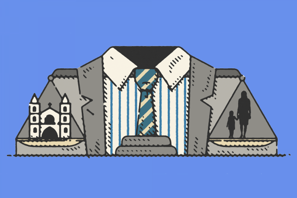 Illustration of a suit jacket where the scales of justice, containing the church and the figures of an adult and child, hang off the shoulders