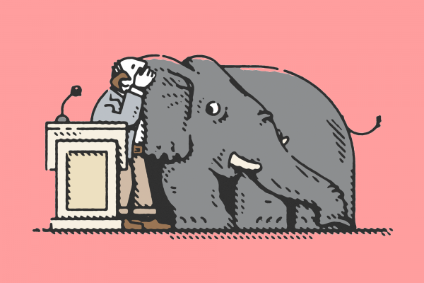 An illustration of a pastor whispering in to the ears of an elephant.