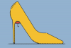 Illustration of a small red umbrella in the arch of a yellow stiletto