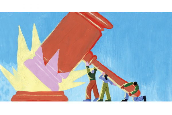 An illustration of three people holding up a giant gavel that is making a noise.