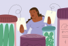 A illustration of a Black woman looking at the labels on human-sized pill botles