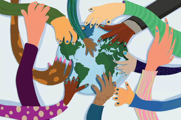 The illustration shows lots of diverse hands reaching out to touch a globe in the middle.