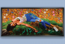 The image shows a painting of a black woman wearing jeans and a white tank top sleeping on a mossy log. The background of the painting is a layer of brown leaves and blooming flowers.  