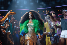 A confident, well-dressed Black, trans woman walks through a crowd toward the camera