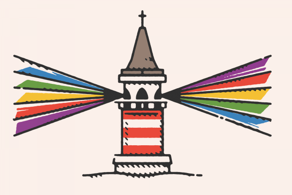 Illustration of rainbow lights beamed out the windows of a church steeple