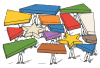 Illustration of people holding up stars and colorful building blocks.