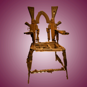 The image shows a throne made out of guns on a pink background 