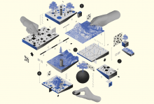 Illustration of human hands touching various layered types of maps