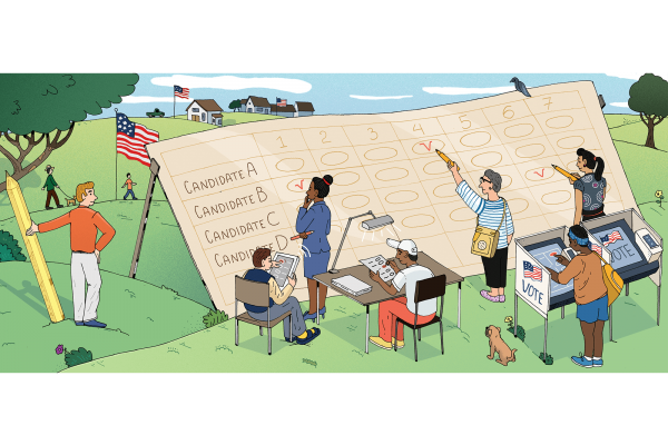 Illustration of voters standing in a field marking an enlarged ranked choice ballot