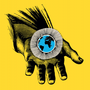 Illustration of a dark hand holding in its palm a haloed planet Earth 