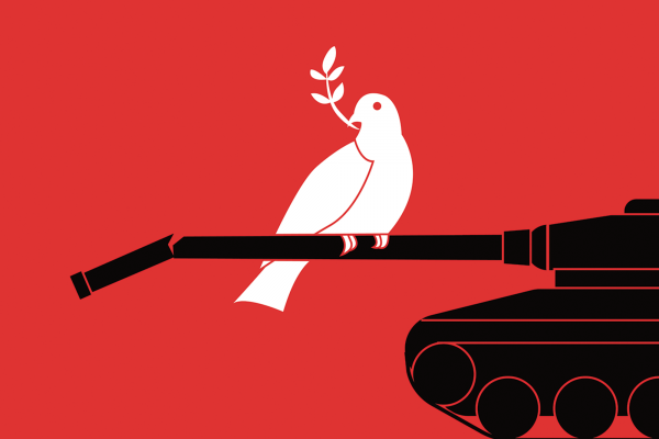 The illustration shows a white peace dove sitting on a broken tank, on a red background. 