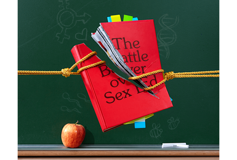 Illustration of two ropes tearing a book with the title "The Battle Over Sex Ed" in half 