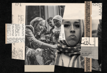 A collage of American iconography and photos of Muslims in America.