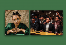 The left photo is of Christina Cleveland posing in a green dress with her hands folded. In the right photo, Black civil rights activists are gathered in a bar, a scene from the film 'One Night in Miami.'