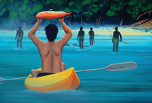 The illustration shows the back of a shirtless man on a kayak, holding a large fish over his head. People are walking towards him from the island, with weapons. 