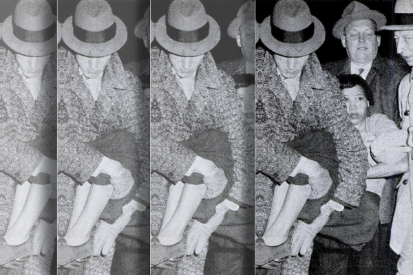 The black and white photo shows Rose Robinson being carried away by three white men. The photo is layered on top of itself a few times. 