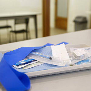 A tray with material for injections is seen at a supervised injection site.